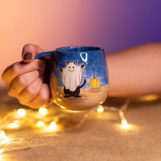 Halloween Mug, Black Cat Funny Coffee Mug, Handmade Ceramic Coffee Cup