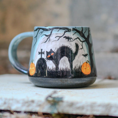 Halloween Mug - Black Cat Mug, Halloween Gift Cemetery Mug, Pottery Mug Scary Gift