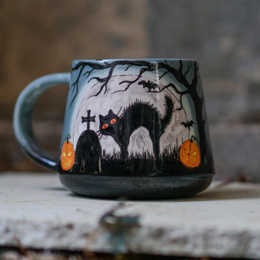 Halloween Mug - Black Cat Mug, Halloween Gift Cemetery Mug, Pottery Mug Scary Gift