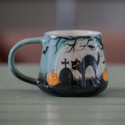 Halloween Mug - Black Cat Mug, Halloween Gift Cemetery Mug, Pottery Mug Scary Gift