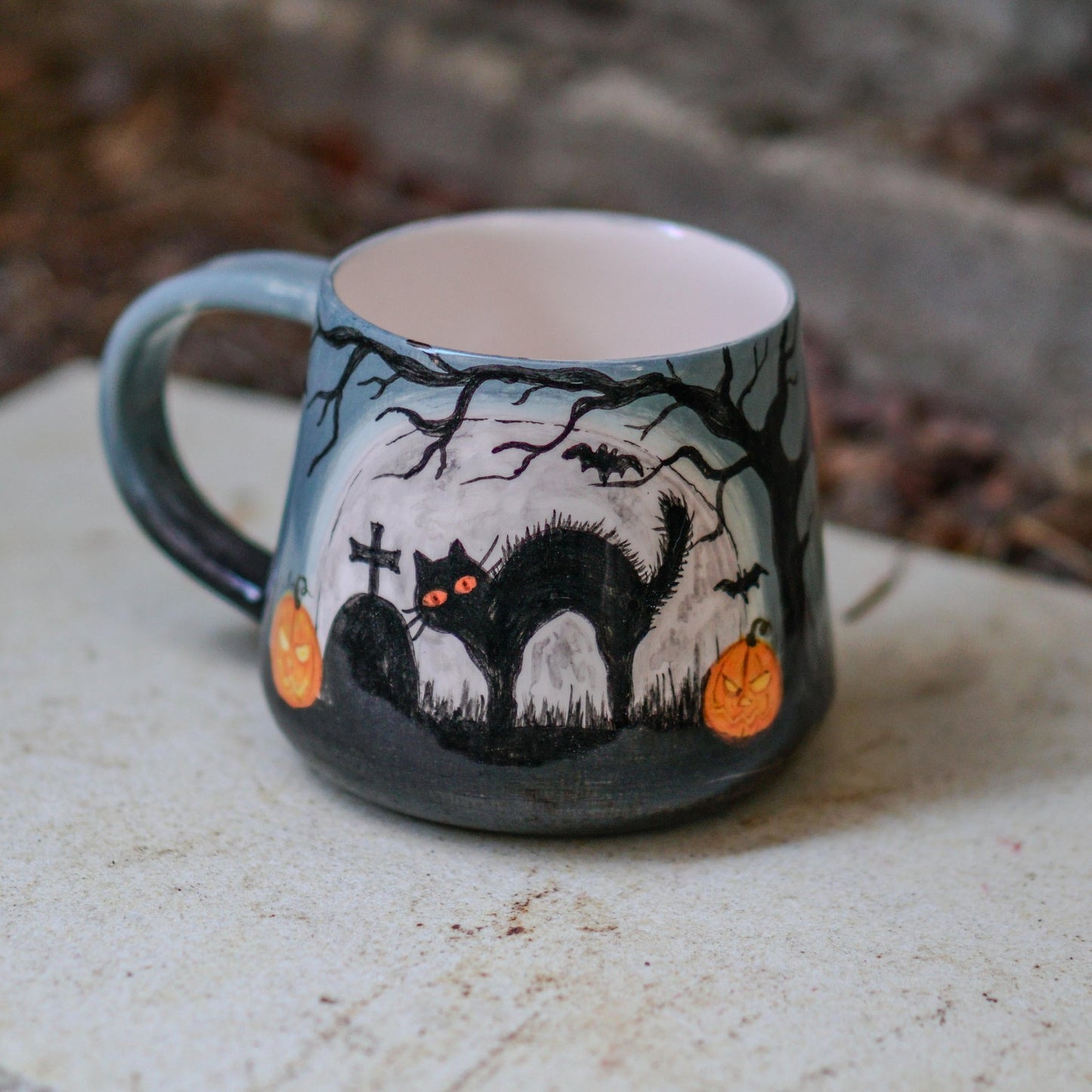 Halloween Mug - Black Cat Mug, Halloween Gift Cemetery Mug, Pottery Mug Scary Gift