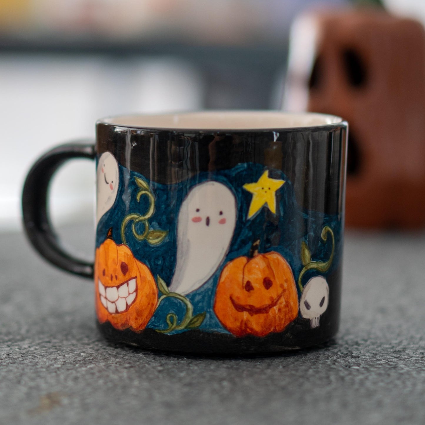 Halloween Pumpkin and Ghost Mug - Hand-Painted Ceramic Coffee Cup, Spooky and Fun Halloween Gift, Handmade Pottery for Fall