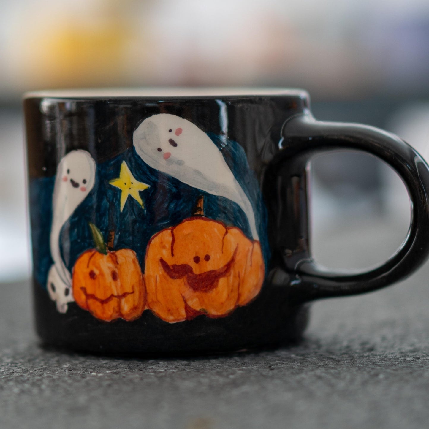 Halloween Pumpkin and Ghost Mug - Hand-Painted Ceramic Coffee Cup, Spooky and Fun Halloween Gift, Handmade Pottery for Fall