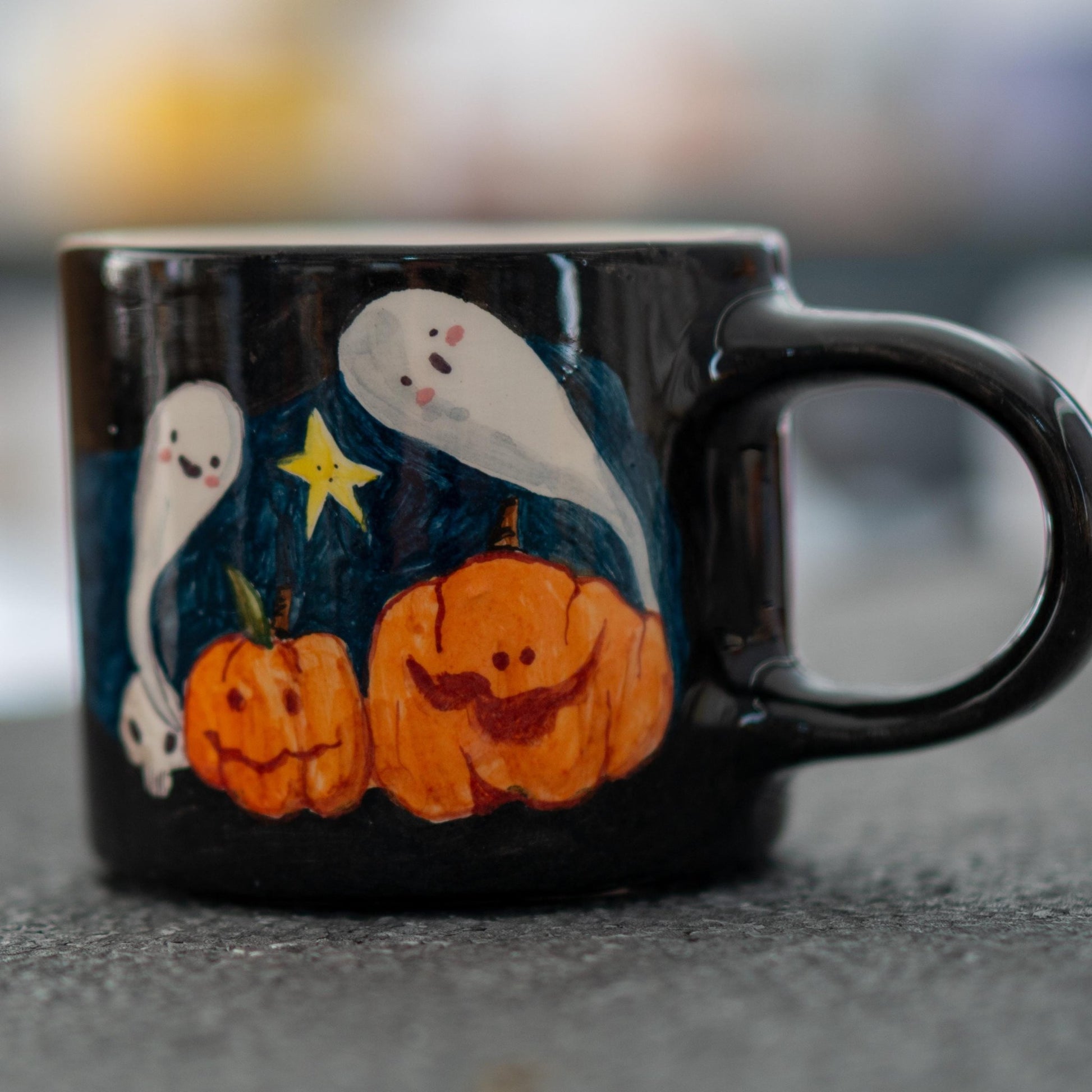 Halloween Pumpkin and Ghost Mug - Hand-Painted Ceramic Coffee Cup, Spooky and Fun Halloween Gift, Handmade Pottery for Fall