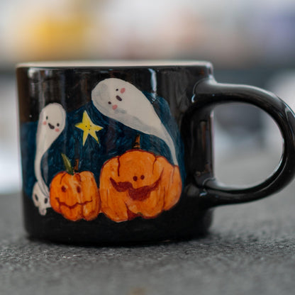 Halloween Pumpkin and Ghost Mug - Hand-Painted Ceramic Coffee Cup, Spooky and Fun Halloween Gift, Handmade Pottery for Fall