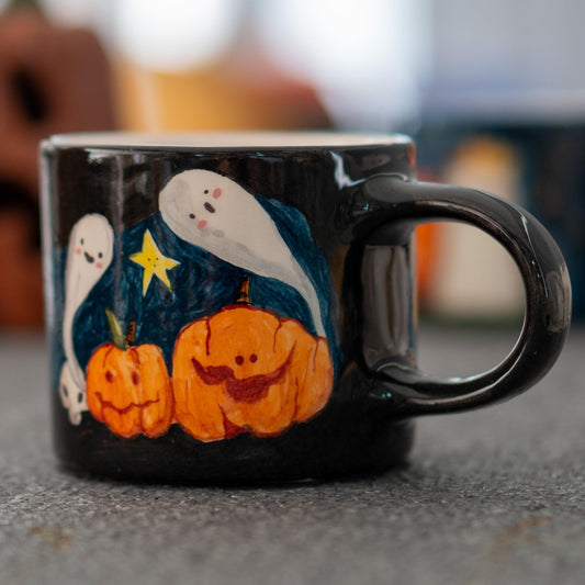 Halloween Pumpkin and Ghost Mug - Hand-Painted Ceramic Coffee Cup, Spooky and Fun Halloween Gift, Handmade Pottery for Fall
