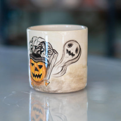 Halloween Pumpkin Mug - Pottery Mug, Bats and Ghosts Decor, Horror Mug