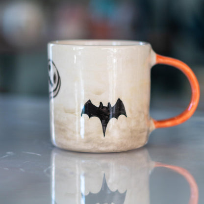 Halloween Pumpkin Mug - Pottery Mug, Bats and Ghosts Decor, Horror Mug