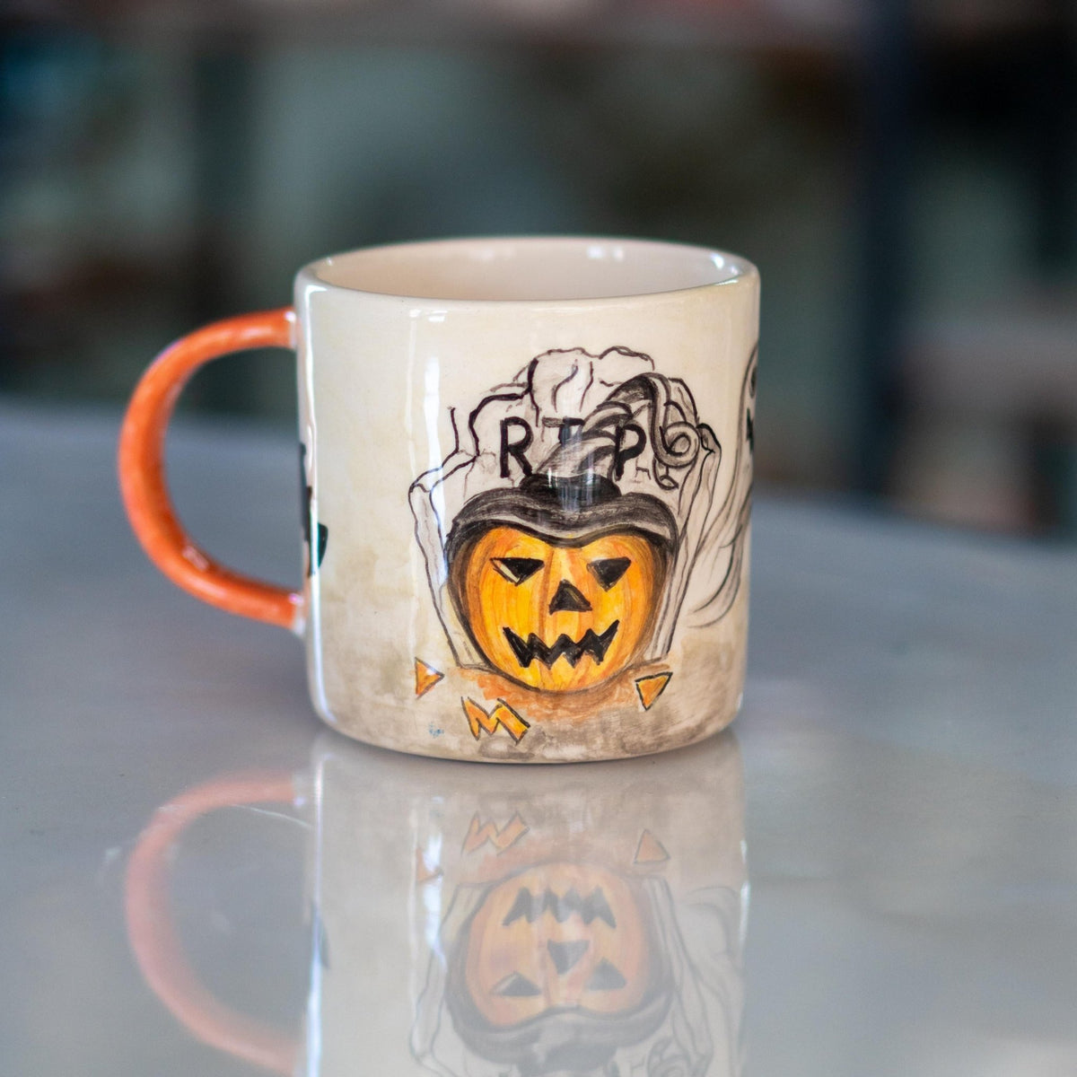 Halloween Pumpkin Mug - Pottery Mug, Bats and Ghosts Decor, Horror Mug