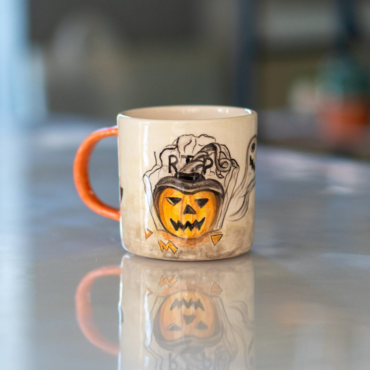 Halloween Pumpkin Mug - Pottery Mug, Bats and Ghosts Decor, Horror Mug