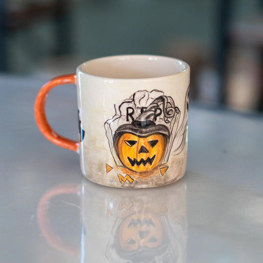 Halloween Pumpkin Mug - Pottery Mug, Bats and Ghosts Decor, Horror Mug