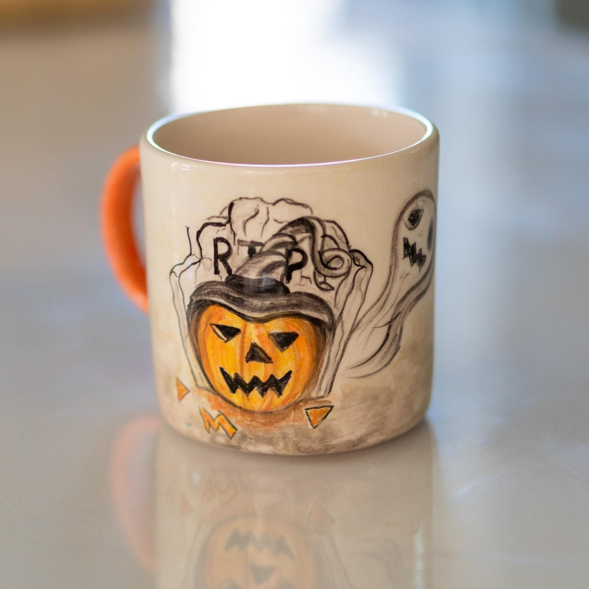 Halloween Pumpkin Mug - Pottery Mug, Bats and Ghosts Decor, Horror Mug