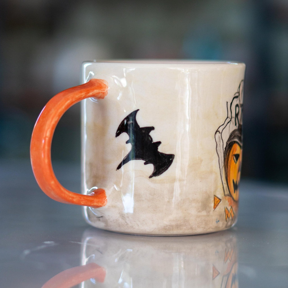 Halloween Pumpkin Mug - Pottery Mug, Bats and Ghosts Decor, Horror Mug