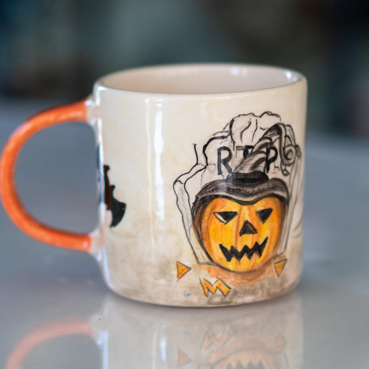 Halloween Pumpkin Mug - Pottery Mug, Bats and Ghosts Decor, Horror Mug