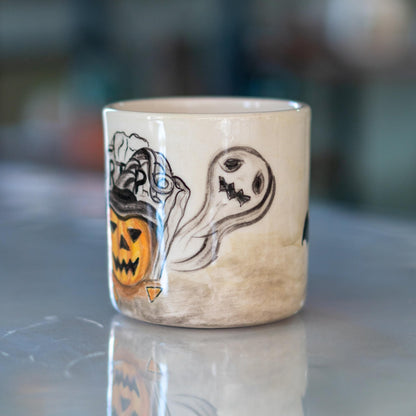 Halloween Pumpkin Mug - Pottery Mug, Bats and Ghosts Decor, Horror Mug