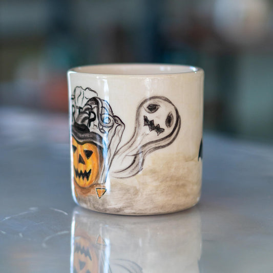 Halloween Pumpkin Mug - Pottery Mug, Bats and Ghosts Decor, Horror Mug