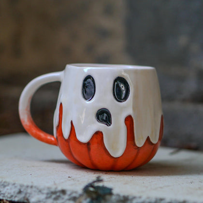 Halloween Pumpkin Mug – Pottery Pumpkin and Ghost Ceramic Mug