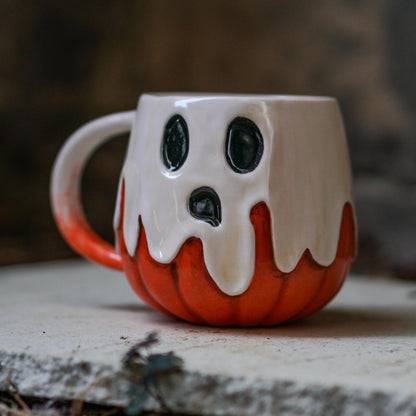 Halloween Pumpkin Mug - Pottery Pumpkin, Pumkin and Ghost Ceramic Mug - NO US TARIFFS
