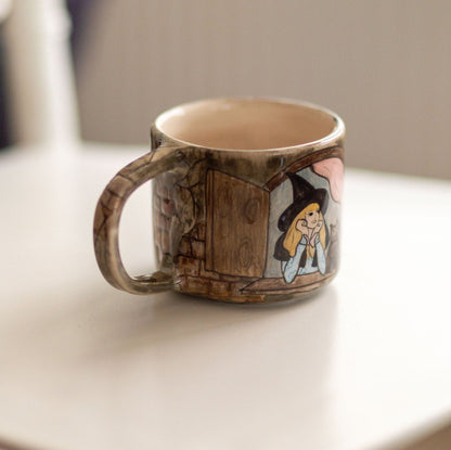 Halloween Witch and Cat Ceramic Mug, Handmade Halloween Gift, Pottery Coffee Mug