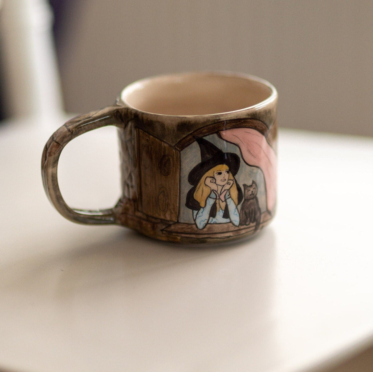 Halloween Witch and Cat Ceramic Mug, Handmade Halloween Gift, Pottery Coffee Mug