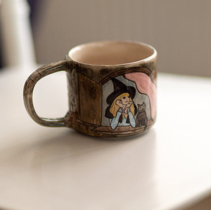 Halloween Witch and Cat Ceramic Mug, Handmade Halloween Gift, Pottery Coffee Mug