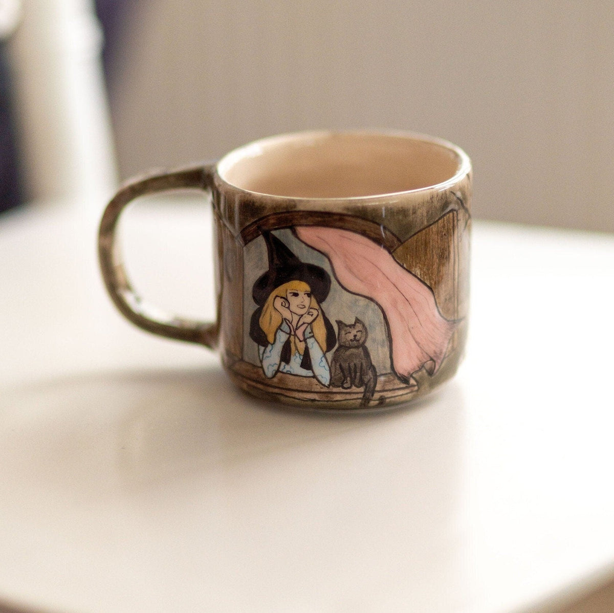 Halloween Witch and Cat Ceramic Mug, Handmade Halloween Gift, Pottery Coffee Mug