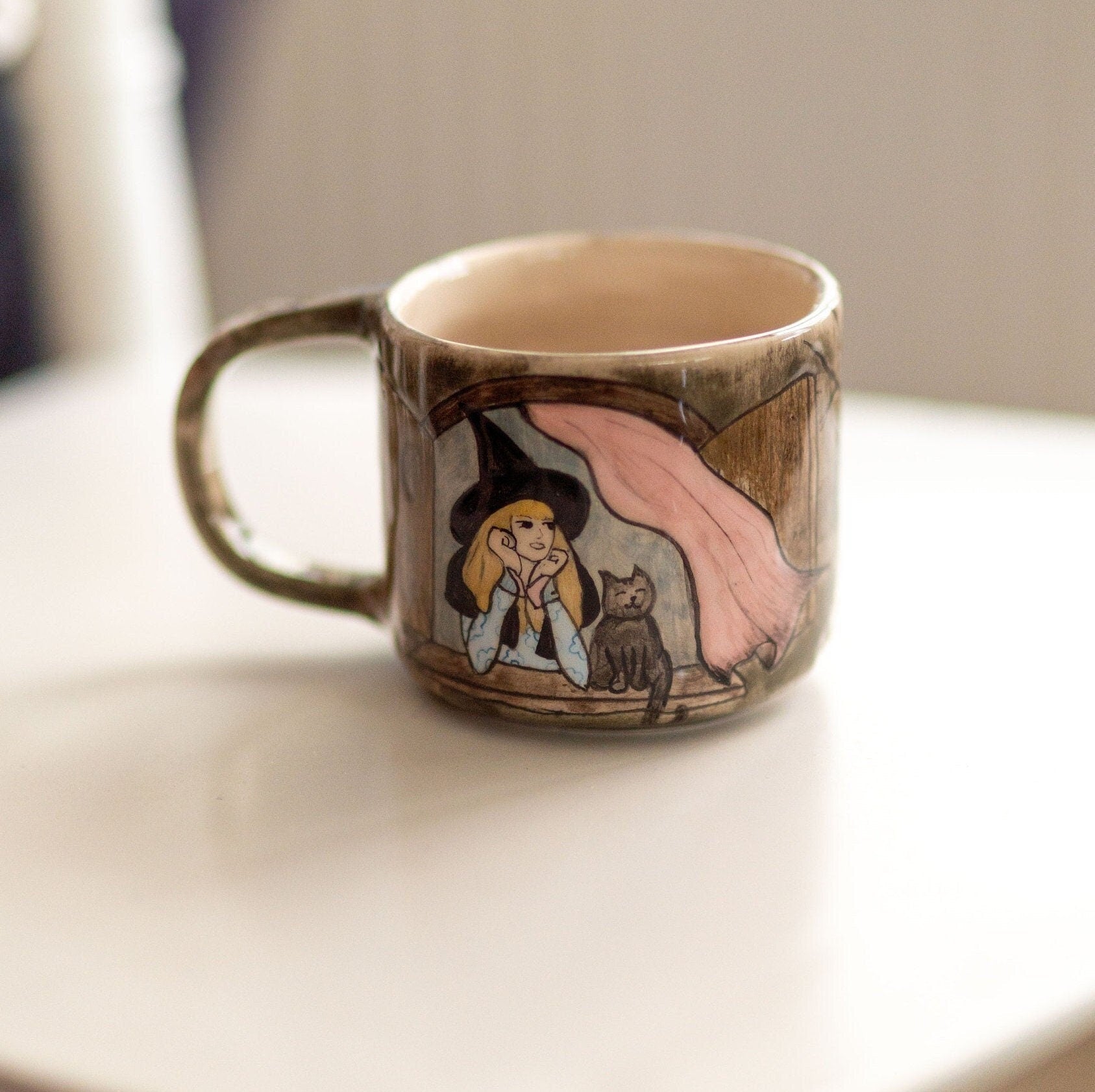 Halloween Witch and Cat Ceramic Mug, Handmade Halloween Gift, Pottery Coffee Mug