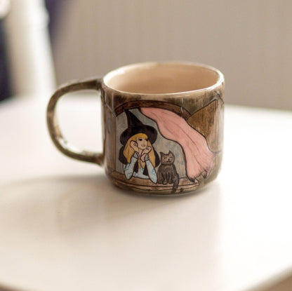 Halloween Witch and Cat Ceramic Mug, Handmade Halloween Gift, Pottery Coffee Mug