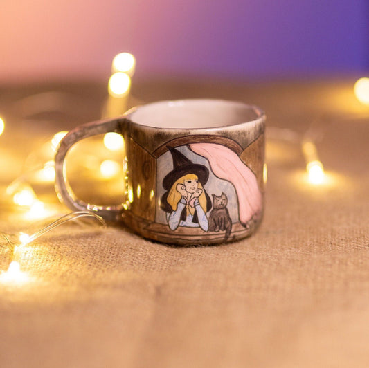 Halloween Witch and Cat Ceramic Mug, Handmade Halloween Gift, Pottery Coffee Mug