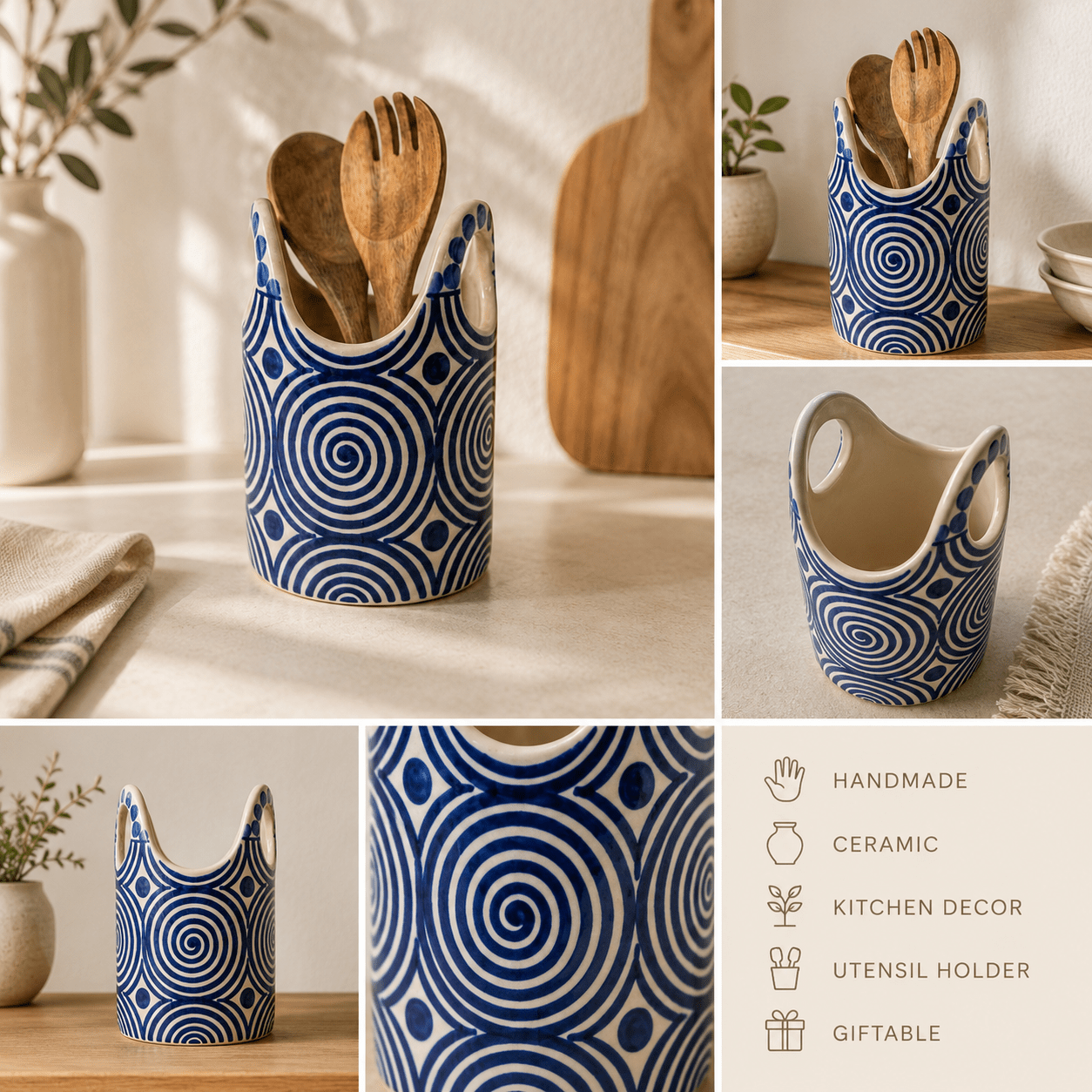 Hand Painted Blue Ceramic Utensil Holder | Spoon Crock