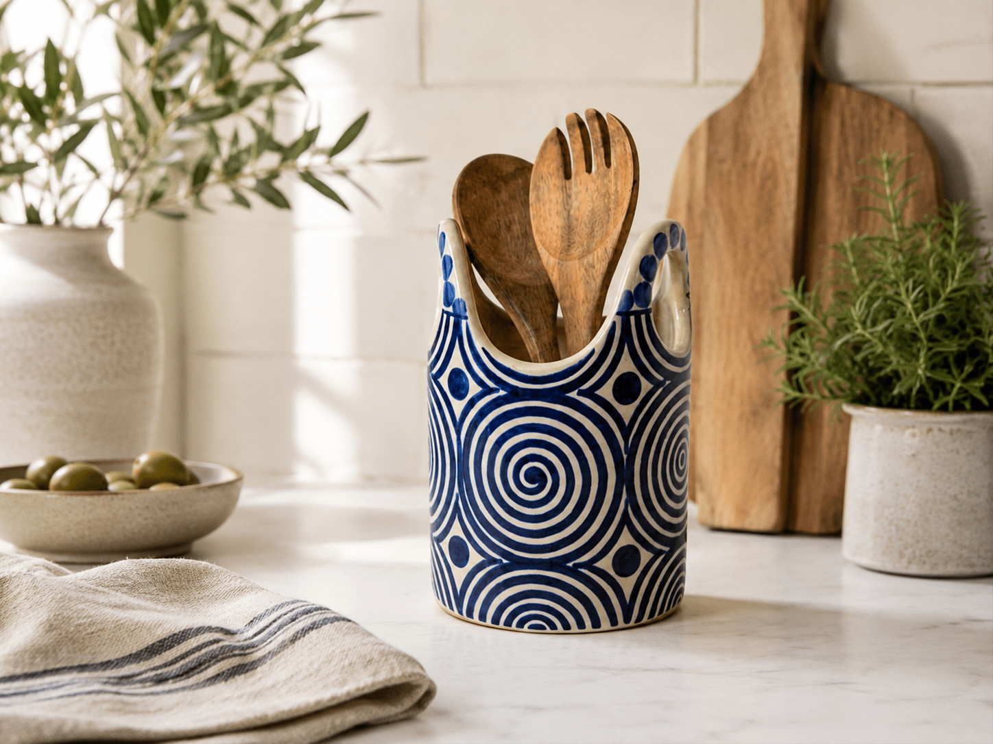 Hand Painted Blue Ceramic Utensil Holder | Spoon Crock