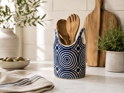 Hand Painted Blue Ceramic Utensil Holder | Spoon Crock