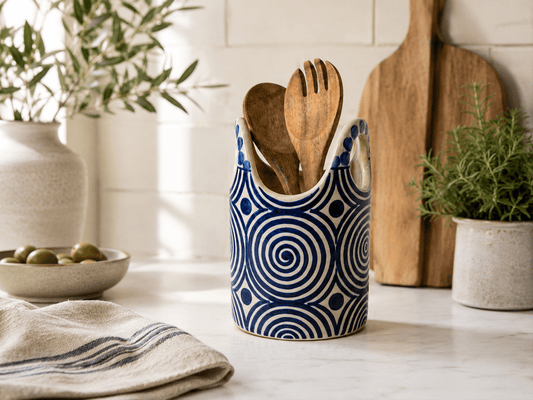 Hand Painted Blue Ceramic Utensil Holder | Spoon Crock