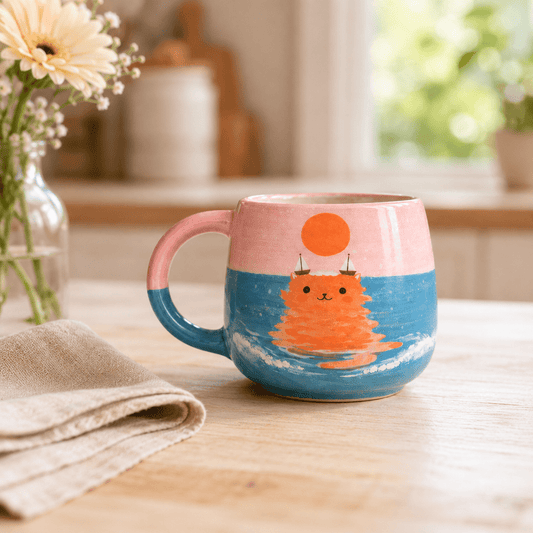 Hand Painted Cat Ceramic Mug | Sunset Ocean Cup