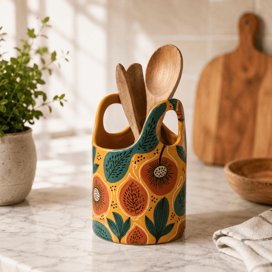Hand Painted Ceramic Utensil Holder | Boho Spoon Crock
