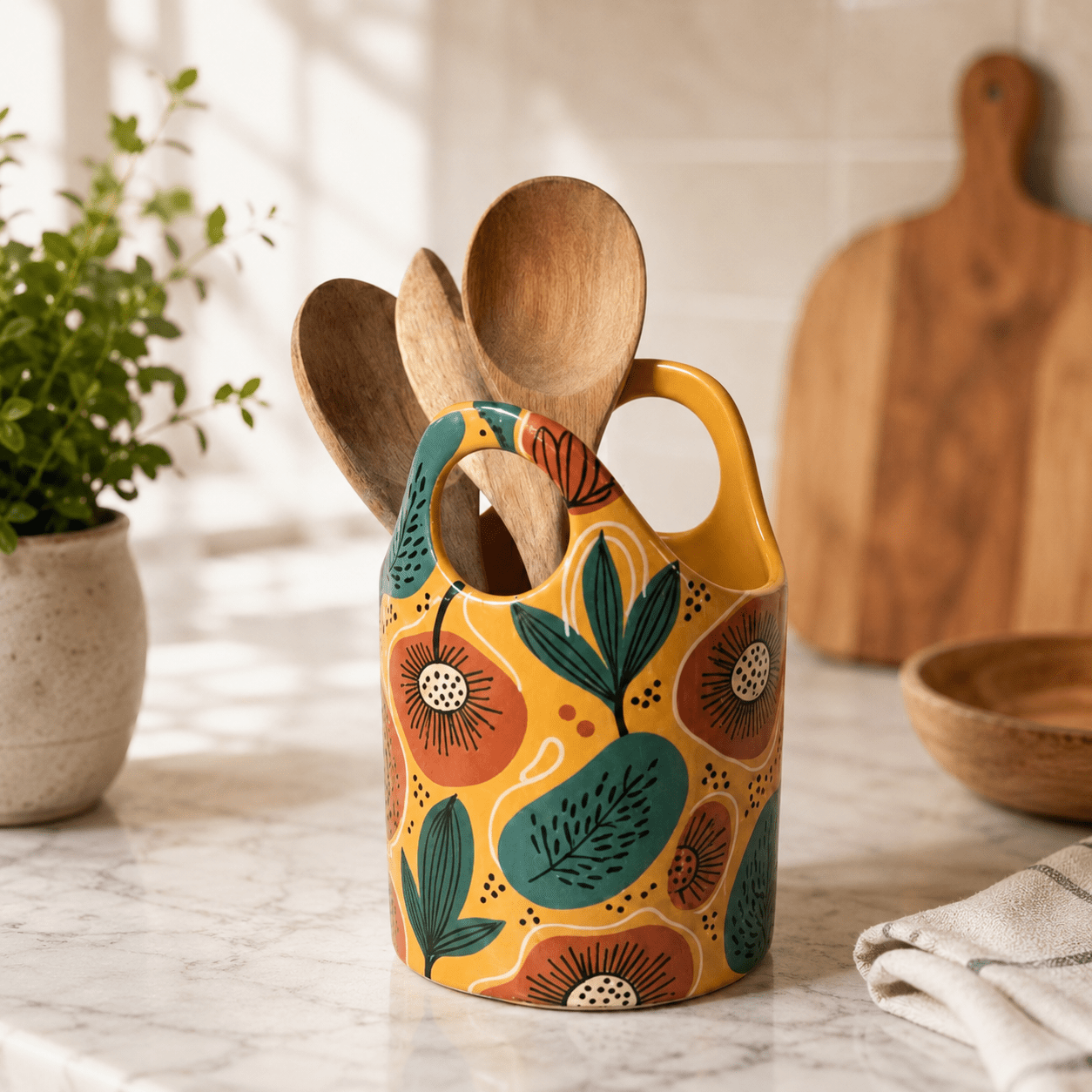 Hand Painted Ceramic Utensil Holder | Boho Spoon Crock