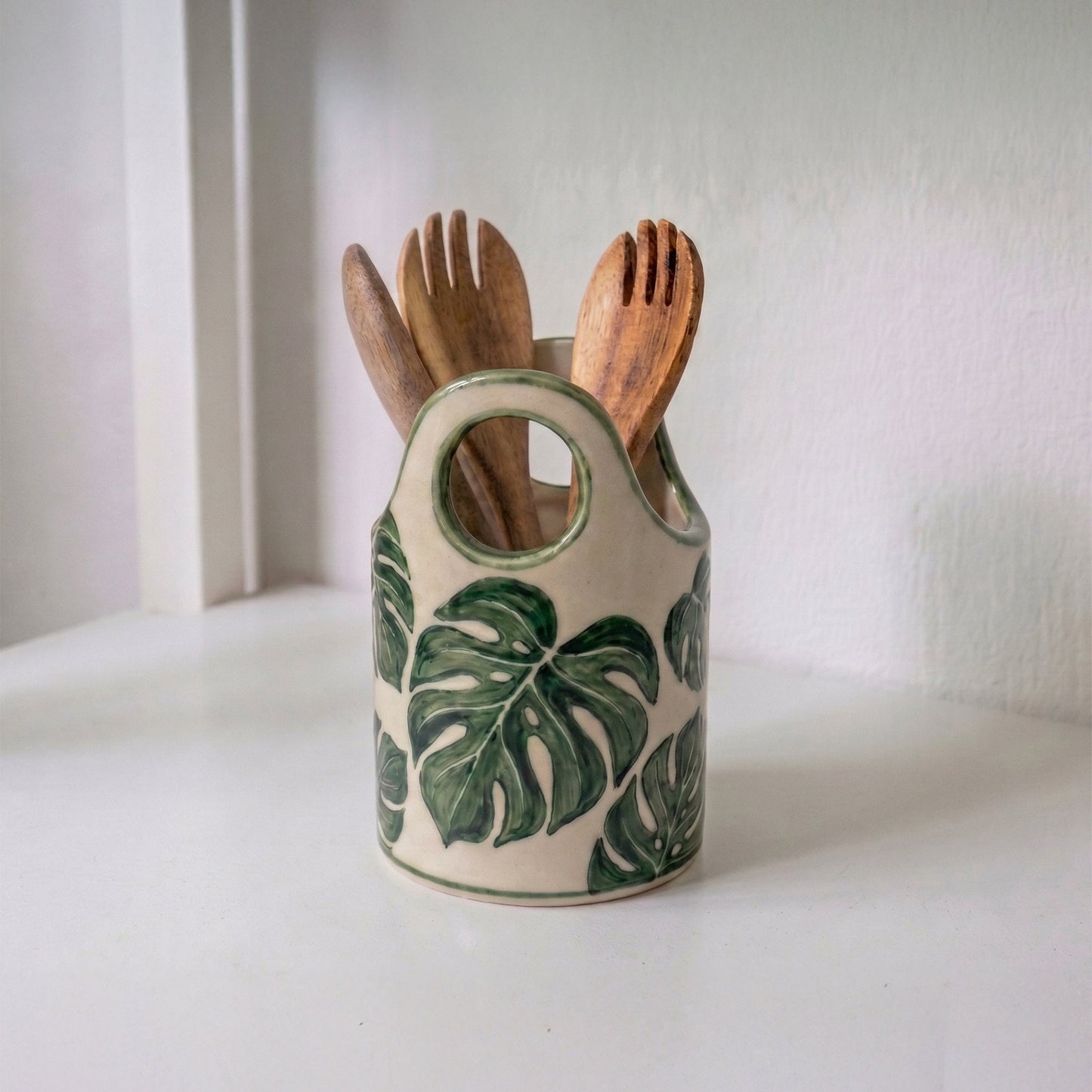 Hand Painted Ceramic Utensil Holder | Monstera Spoon Crock