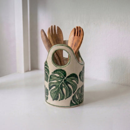 Hand Painted Ceramic Utensil Holder | Monstera Spoon Crock