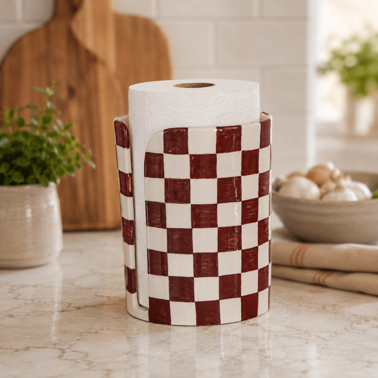 Hand Painted Checkered Ceramic Paper Towel Holder