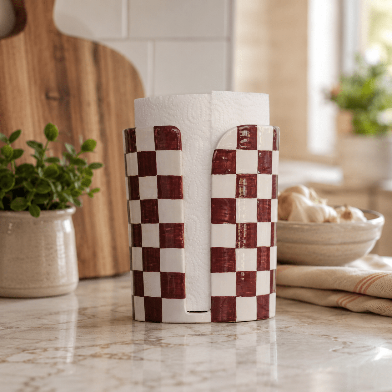 Hand Painted Checkered Ceramic Paper Towel Holder