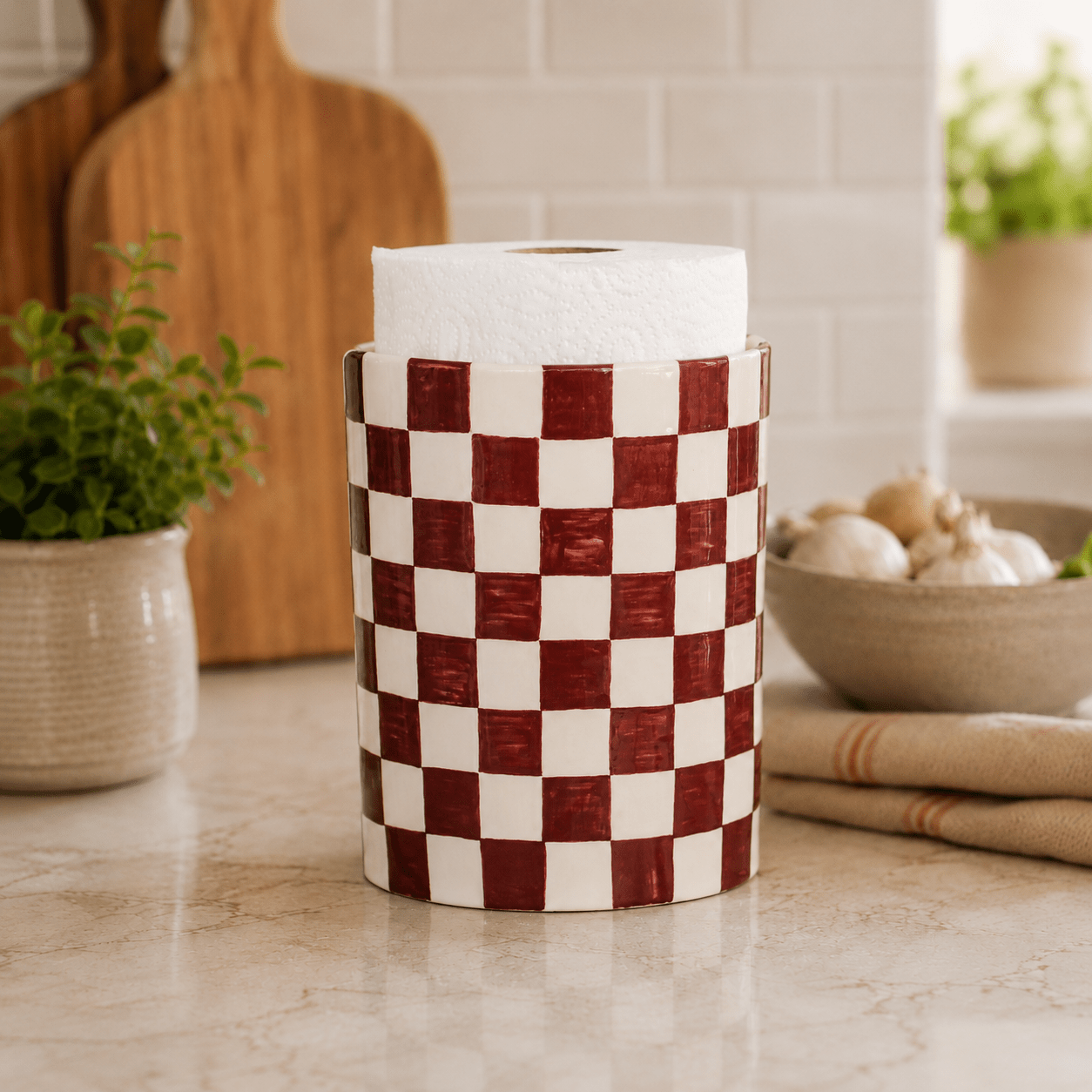Hand Painted Checkered Ceramic Paper Towel Holder