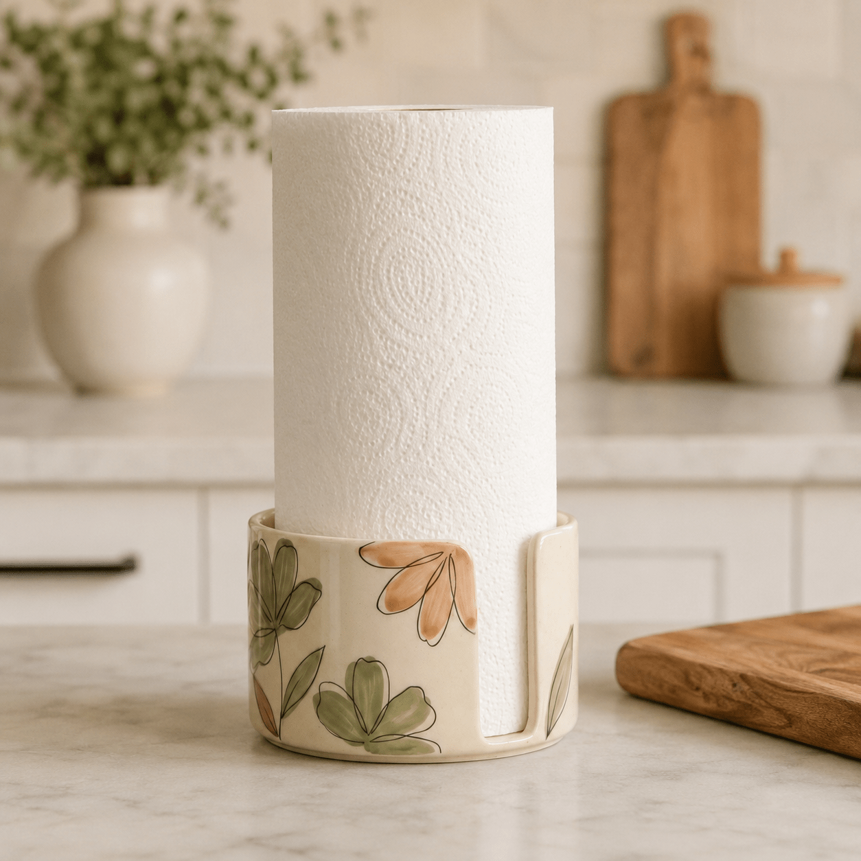 Hand Painted Floral Ceramic Paper Towel Holder - Watercolor Flower