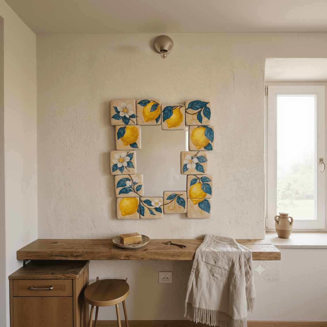 Hand Painted Lemon Ceramic Tile Mirror | Wall Decor