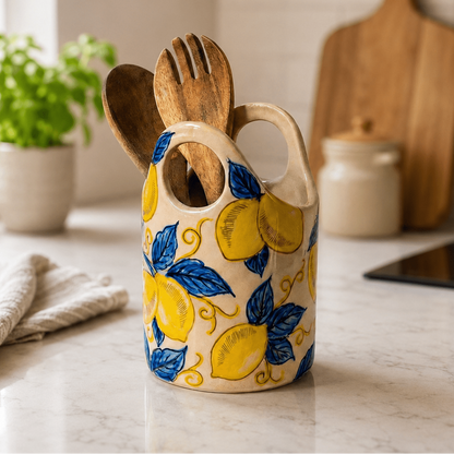 Hand Painted Lemon Ceramic Utensil Holder | Blue Leaf Spoon Crock
