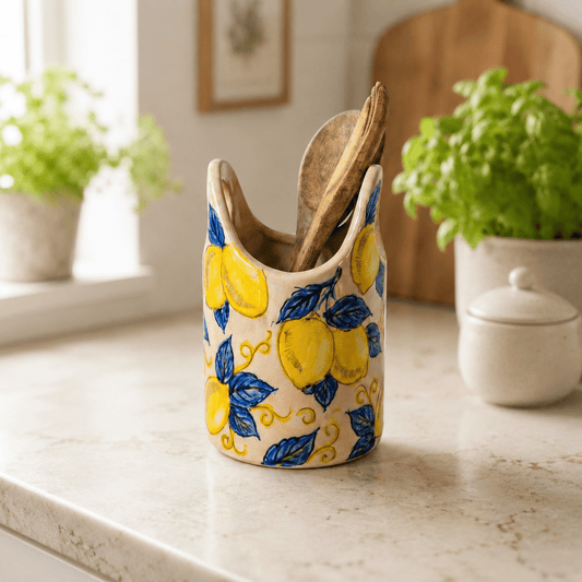 Hand Painted Lemon Ceramic Utensil Holder | Blue Leaf Spoon Crock
