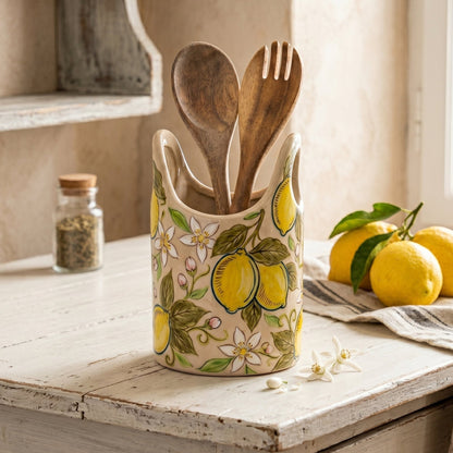 Hand Painted Lemon Ceramic Utensil Holder | Lemon Blossom Spoon Crock