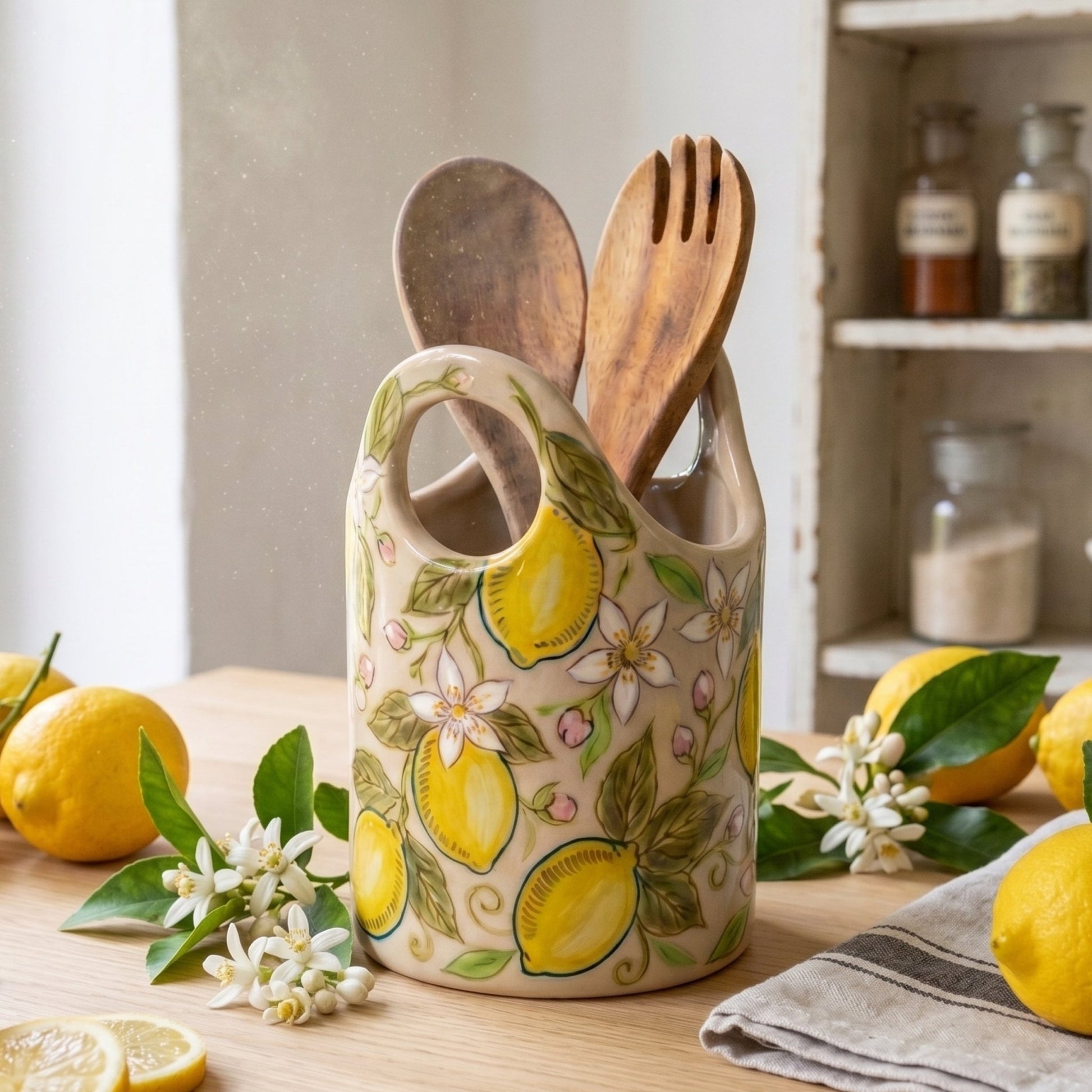 Hand Painted Lemon Ceramic Utensil Holder | Lemon Blossom Spoon Crock