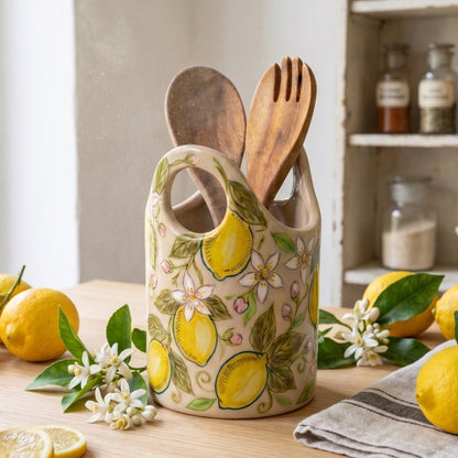 Hand Painted Lemon Ceramic Utensil Holder | Lemon Blossom Spoon Crock