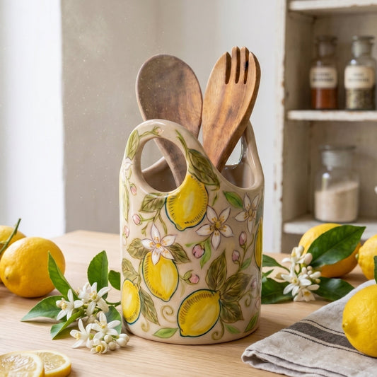 Hand Painted Lemon Ceramic Utensil Holder | Lemon Blossom Spoon Crock
