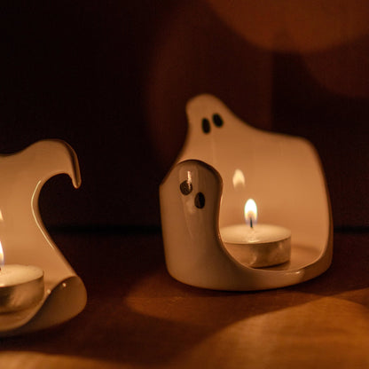 Handmade Ceramic Ghost Tealight Holder Set: Spooky Halloween Decor